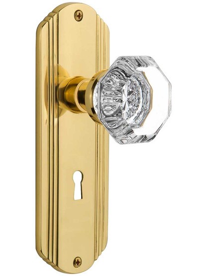 Streamline Moderne Mortise Lock Set With Waldorf Crystal Knobs in Un-Lacquered Brass.